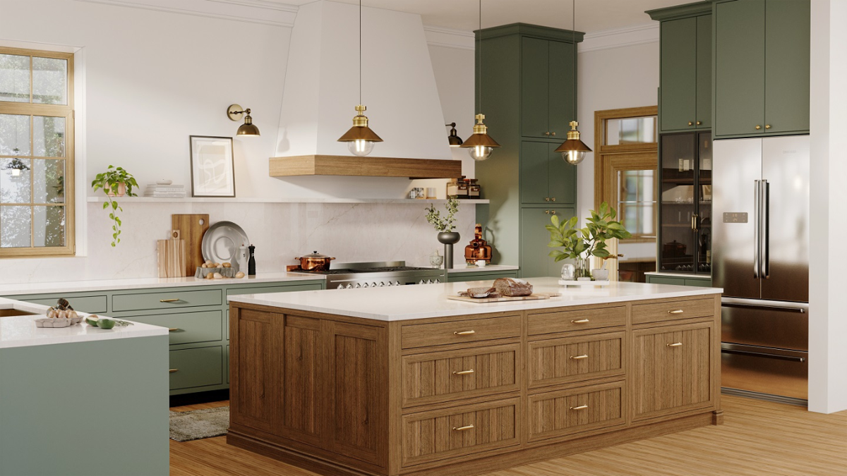 Kitchen with green cabinets, large range hood, and white cream countertops with a matching backsplash