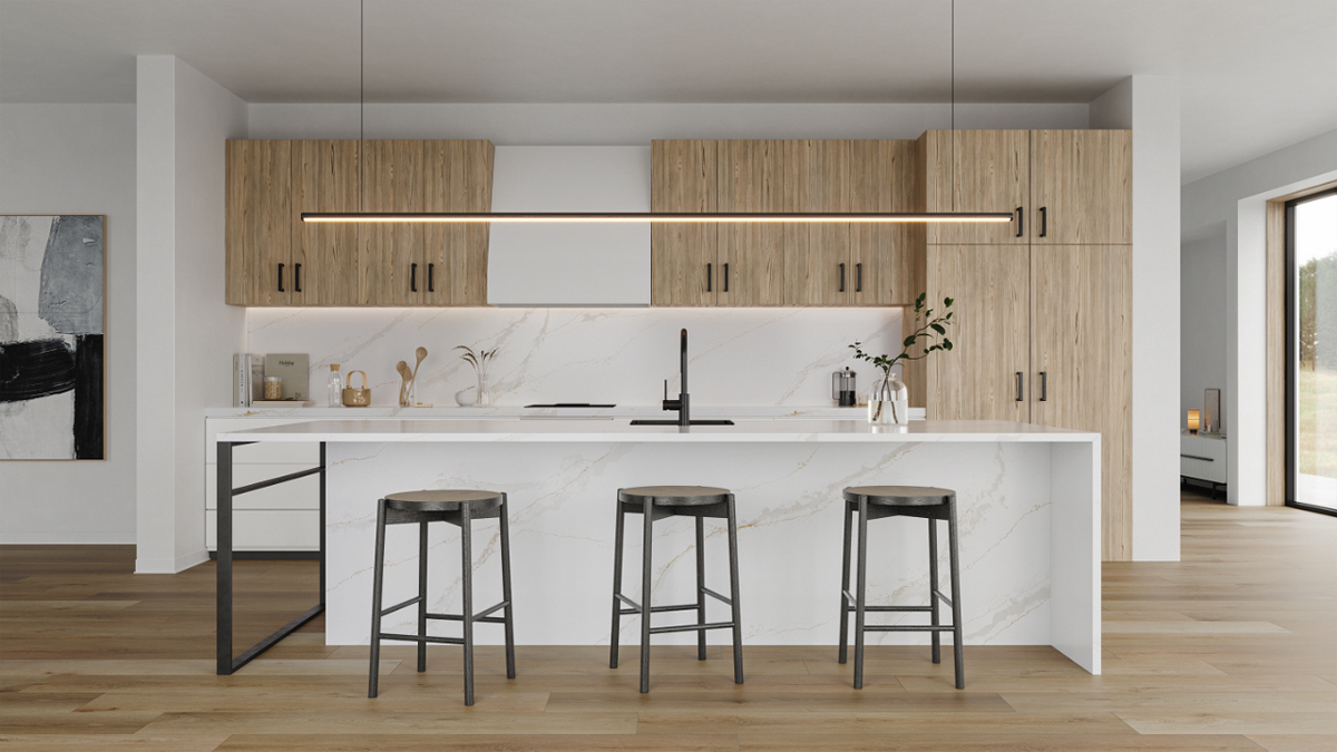 Minimalist kitchen with natural stone countertops, backsplash, and waterfall edge, featuring bold veining, metal stools, and wooden cabinets.