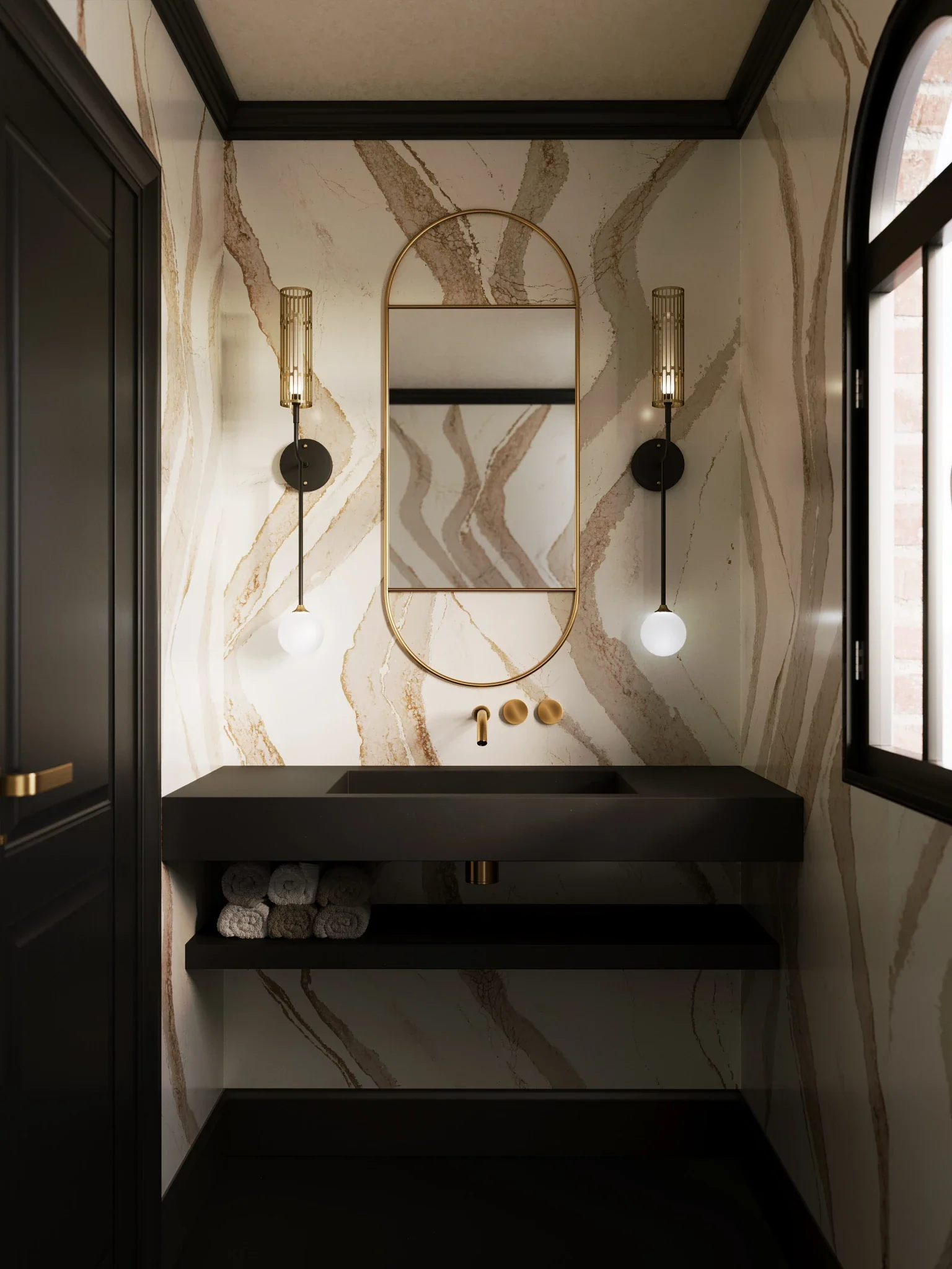 Bathroom featuring Cambria Brittanicca Gold Cool quartz surfaces.