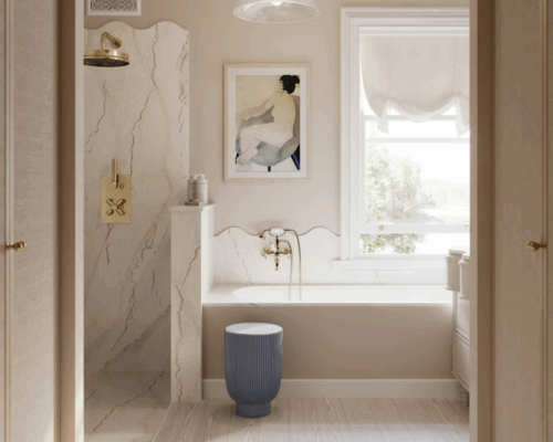 A shower with no glass door. Showers can be sleek and safe for aging at home.