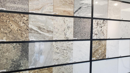 The Rumford Showroom wall features dozens of natural stone, granite, quartz, and porcelain.