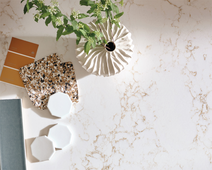 Natural stone surface decorated with coasters and a small plant.