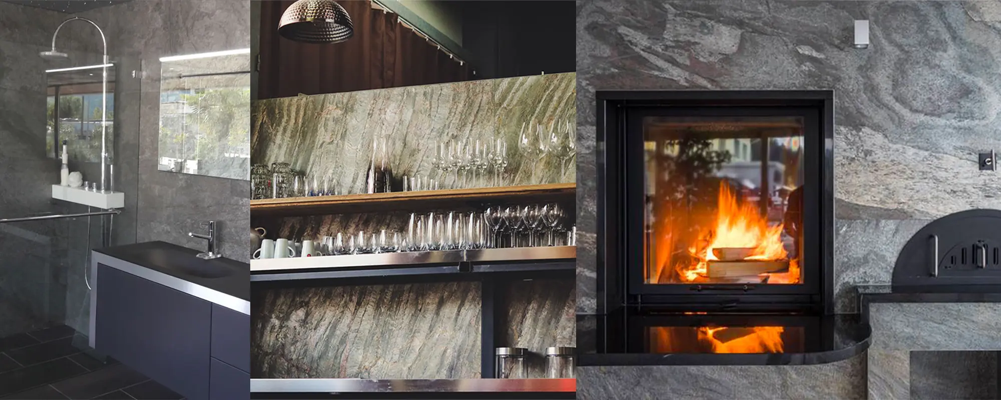 A banner with various usages of Skinrock including a shower, a bar back, and a fireplace surround.