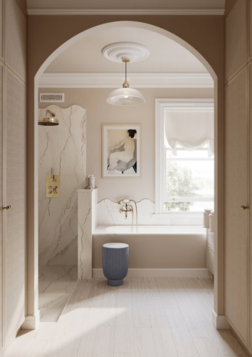 Bathroom featuring Cambria Inverness Blakely quartz surfaces.